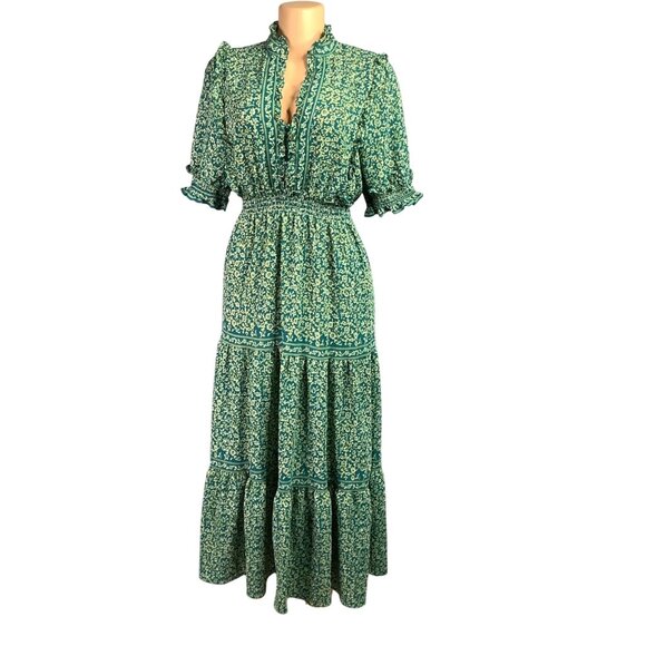 Dresses & Skirts - Green Floral Maxi Dress Ruffles 1/2 Sleeve Boho Prairie Size Medium Cottagecore